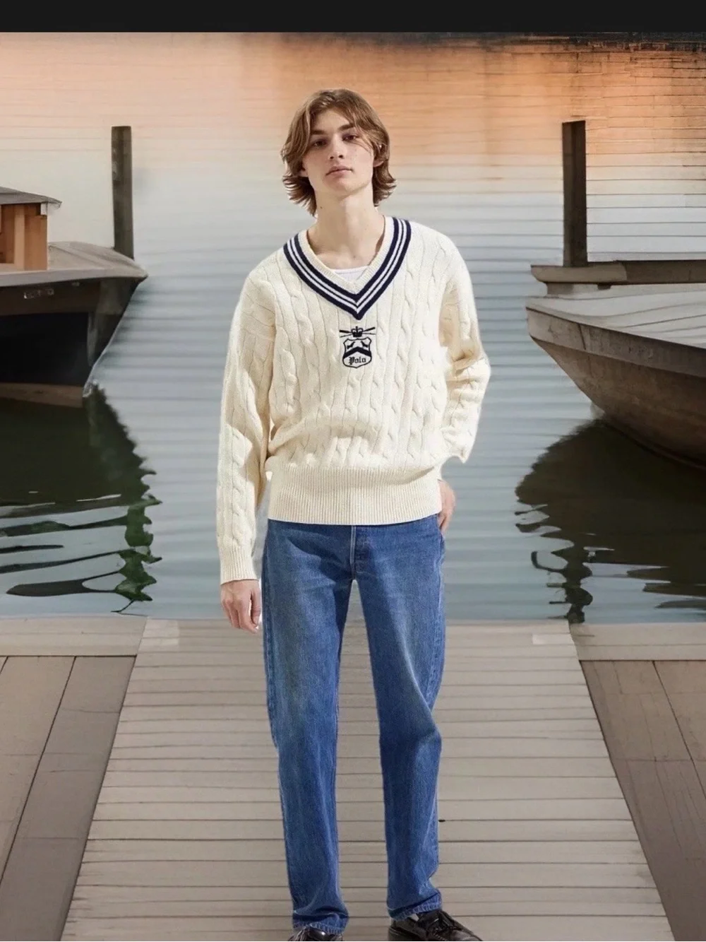 Polo by Ralph Lauren White Cable-Knit V-Neck Sweater with Navy Trim